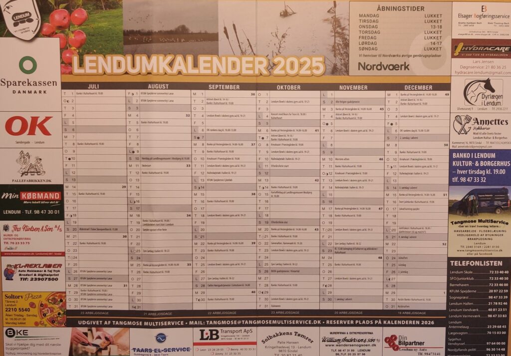 Lendumkalenderen 2025 juli til december