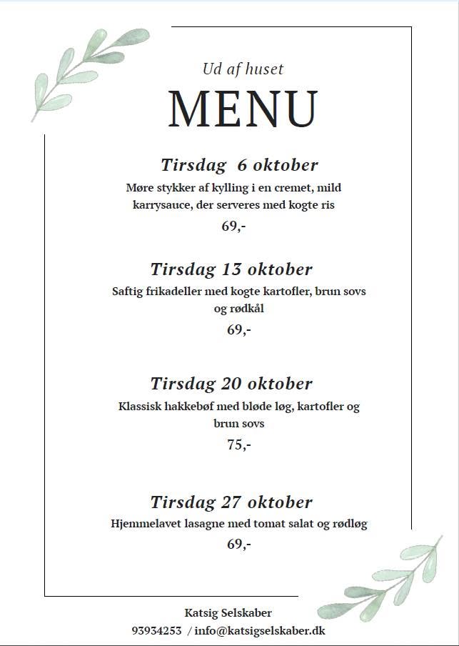 Menukort over tirsdagretter fra den 6 oktober og 4 uger frem